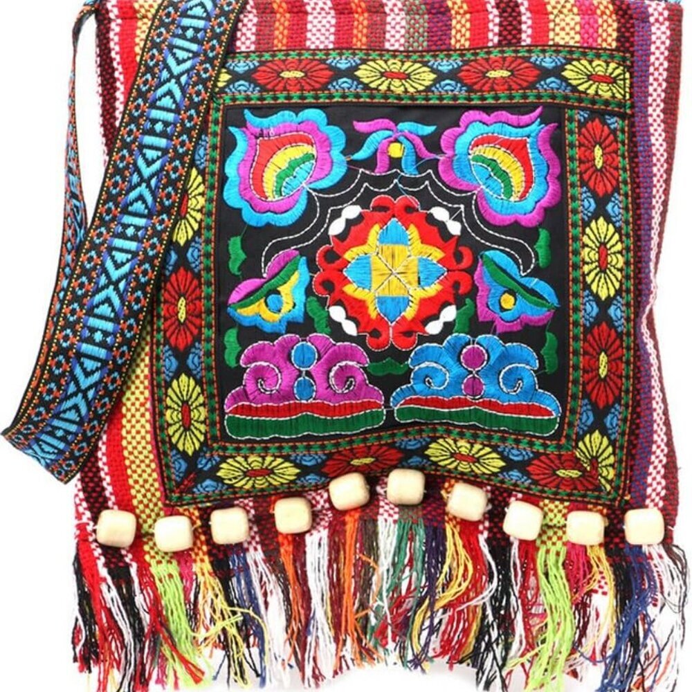Vintage Ethnic Tribal Embroidered Tassel Sling Crossbody Boho Hippie Shoulder Ba